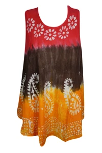 Boho GYPSY Hippy Tie Dye Flowy Tank Dress Loose Sleeveless Beach Tunic TOP L