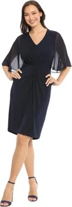 London Times Women's Sz 6 Navy Flutter Sleeve Twist Front Jersey & Chiffon Dress - Picture 1 of 9