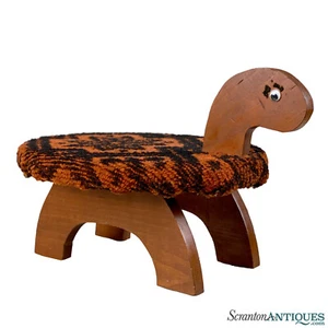 Vintage Boho Orange Argyle Wood Carved Turtle Footstool Ottoman - Picture 1 of 9