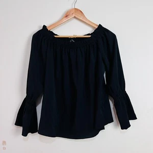 Portmans Blouse Top 8 Bell Sleeve Gathered Neckline Black Relaxed Fit - Picture 1 of 17