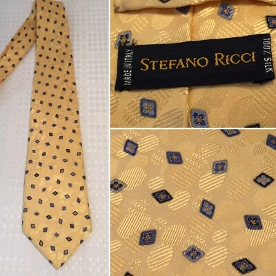 Corbata de seda STEFANO RICCI amarillo azul floral patrón foulard larga ancha Italia #079 Foto 1 de 4