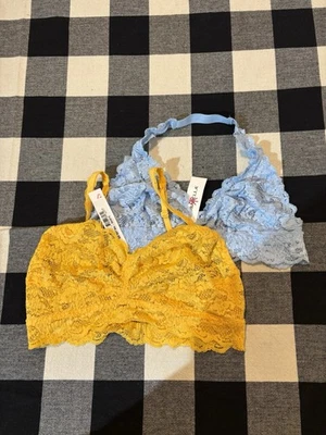 全新带标签 2 件装 COSABELLA 蕾丝胸罩 L 码蓝色黄色嬉皮吊带柔软 — 第 1/4 张图片