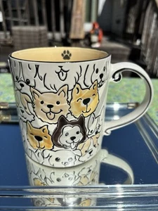 Hand Painted DINKY DOGS Dog Faces Embossed 21oz Coffee Mug White Black Yellow - Picture 1 of 7