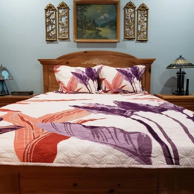 Набор лоскутных одеял NY&C Home Pinsonic Queen 88x88 Shams Tropical Leaf цветочный коралл фиолетовый - Изображение 1 из 4