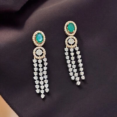 Certified 3.43 Cts Round Brilliant Cut Diamonds Emerald Dangle Earrings 14K Gold - Image 1 of 4