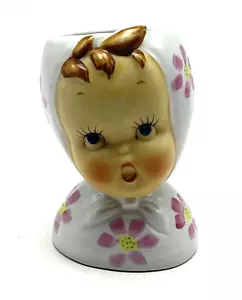 Jarrón de cerámica vintage de 5" para niña con ojos azules y boca abierta Japón - Imagen 1 de 7
