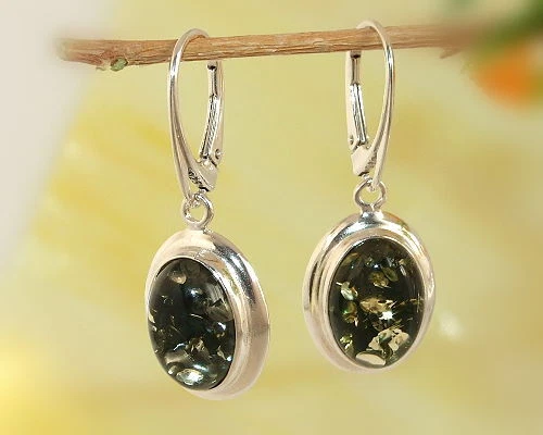 Bernstein Ohrhänger Silber 925 Ohrringe grün oval echt Sterlingsilber ea98 - Bild 1 von 1