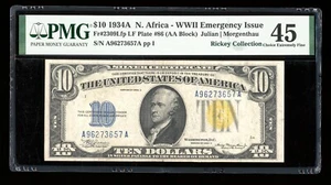 DBR 1934-A $10 North Africa Silver Fr. 2309Lfp PMG 45 Serial A96273657A - Picture 1 of 2