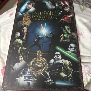 LETRERO DE HOJALATA ASPECTO ANTIGUO HISTORIA DE LA GUERRA DE LAS ESTRELLAS CON LICENCIA RETRO - Imagen 1 de 8