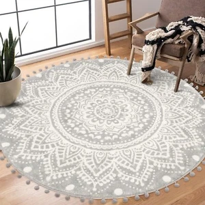 Uphome Boho Round Rug for Living Room 4' Circular Grey Mandala Area Rug with ... - Picture 1 of 7