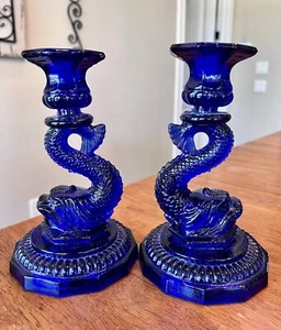 Pair of Cobalt Blue Glass Dolphin Koi Fish Candlestick Holder Hexagon Base - Picture 1 of 11