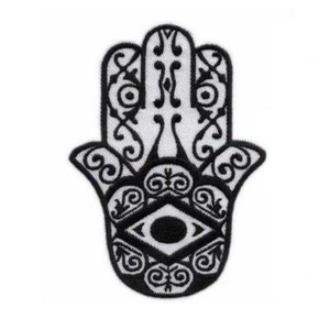 HAMSA HAND OF FATIMA IRON ON PATCH Black White Embroidered Applique Evil Eye - Picture 1 of 2
