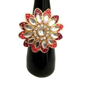Ethnic Bollywood Style Gold Tone Indian Kundan Bridal Adjustable Cocktail Ring - Picture 1 of 8