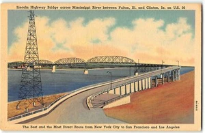 Lincoln Highway Bridge b/w Fulton IL & Clinton IA on US 30 - 1938 Linen Postcard - Picture 1 of 2