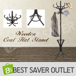 12 Hooks Wooden Coat Rack Hat Bag Umbrella Stand Tree Style Clothes Hanger Brown - Picture 1 of 8