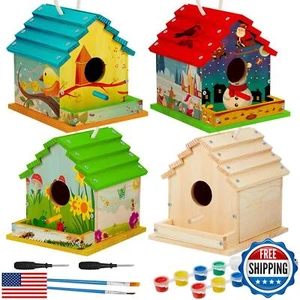 Juexica 4 Set DIY Birdhouse Kit Unfinished Bird House Painting Crafts for Kid - Picture 1 of 5