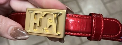 Vtg 1990s ESCADA Shiny Red Patent Leather Goldtone EE Logo Buckle Italy Sz 34 /4 - Image 1 of 4