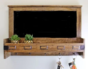 Blackboard with 5 Storage Slots & Key Hooks Rustic Mango Wood Message Board - Picture 1 of 4