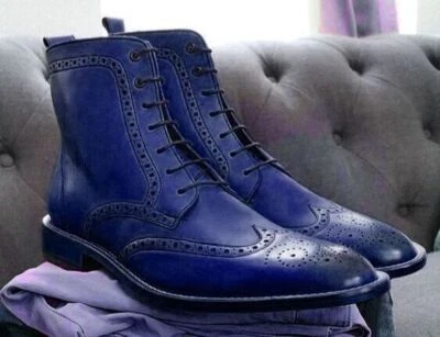 Handcrafted New Men's Royal Blue Leather Lace Up Derby Wingtip Brogue Dress Boot - Immagine 1 di 4