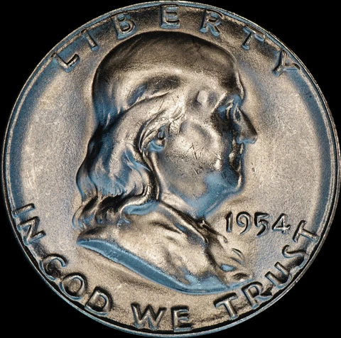 1954-S Franklin Half Dollar Silver  Uncirculated, SoverS Close FBL, As Shown 706 Cover