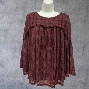 Ladies Blouse Large Burgundy Round Neck Boho Style 3/4 Sleeve Time and Tru - Picture 1 of 7