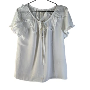 Max Studio Womens Blouse White Short Sleeve Sheer Lined Collar Ruffles Tie S New - Picture 1 of 8