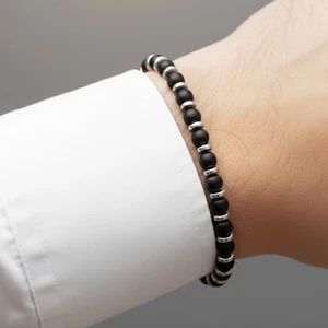 Bracciale Uomo con PIetre Dure da 4mm Onice Nero Satinato Ematite Acciaio Inox - Foto 1 di 8