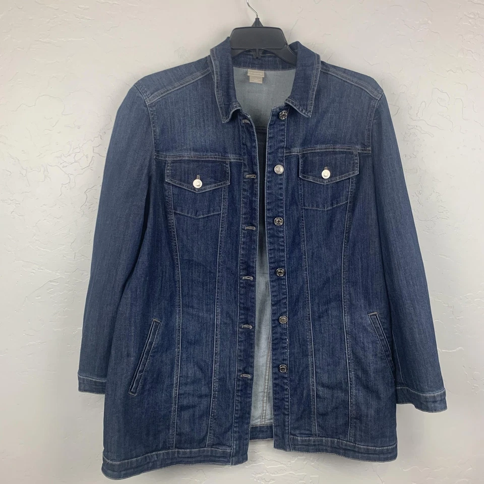 Chicos Denim Jacket Womens XL Chicos (3) Blue Denim Longline Jean Coat Pockets - Image 1 of 4
