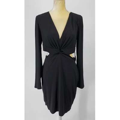 Express Women Dress Sz M Cutout Knot Front V-neck Short Stretch Long Sleeve NEW - Image 1 of 4