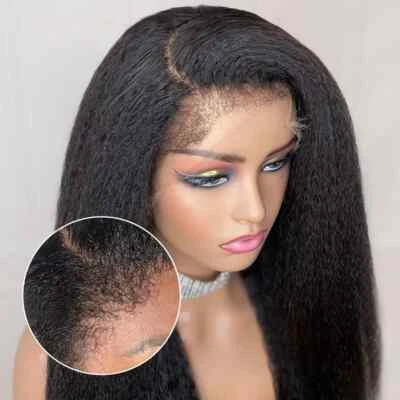Kinky Straight HD Lace Frontal Wig Remy Human Hair 4C Edges Curly Wigs for Women - Image 1 of 4
