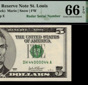 2003A $5 Federal Reserve Note PMG 66EPQ - Birthday -Radar Serial Number 44000044 - Picture 1 of 3