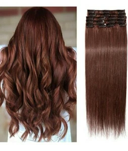 8pcs Clip in 100% Remy Human Hair Extensions Full Head Weft, 14" Dark Auburn  - Picture 1 of 12