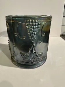 Vintage Iridescent Blue Carnival Glass Jar Planter Harvest Grape Flower Pot Vase - Picture 1 of 4