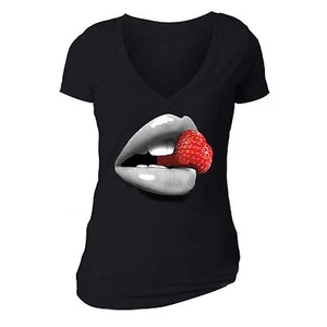 Red Lips Strawberry T-shirt Sexy Girl Tongue Lick Tshirt Fruit Yoga Gym Tee - Picture 1 of 1