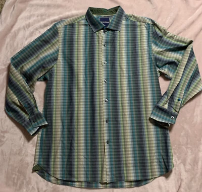 Camisa de vestir Tommy Bahama para hombre talla L azul verde a cuadros algodón manga larga Foto 1 de 4