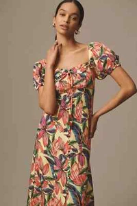 New Farm Rio x Anthropologie Puff-Sleeve Sweetheart Linen Midi Dress Size S NWT - Imagen 1 de 4