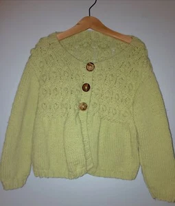 Hand Knitted Girls Cardigan 3-4 Years Pale Olive Green With Bobble Detail - Picture 1 of 6