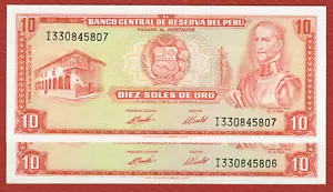 CENTRAL RESERVE BANK OF PERU 24. 5. 1973 10 SOLES DE ORO P-100c.2 CH CU - Picture 1 of 2