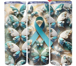 Ovarian Cancer Teal Ribbon Butterflies Butterfly 20oz Tumbler Insulated Travel - Picture 1 of 3