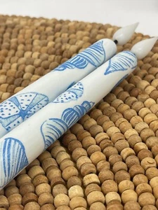 Set of 2 Coastal Blue White Shell Nautical Beachy Taper Candles Battery Operated - Picture 1 of 9