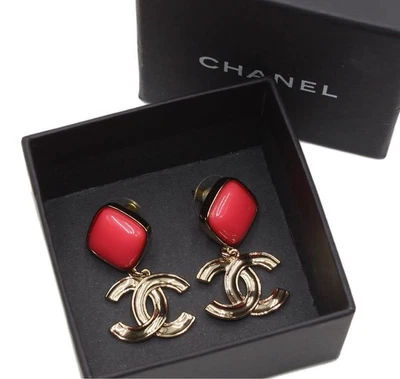 CHANEL Earrings Coco Mark x Color Stone Swing Unused Champagne Gold Pink w/Box - Image 1 of 4