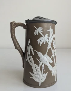 Dudson Majolica Jug Brown Hummingbirds Bamboo Pewter Lid Rare - Picture 1 of 12