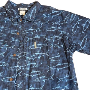 Vintage Columbia mens XL short sleeves blue all over Shark design button up(168) - Picture 1 of 8