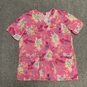Wonderful World of Disney Woman's V Neck Tinkerbell Scrub Top Pink Size S - Picture 1 of 8