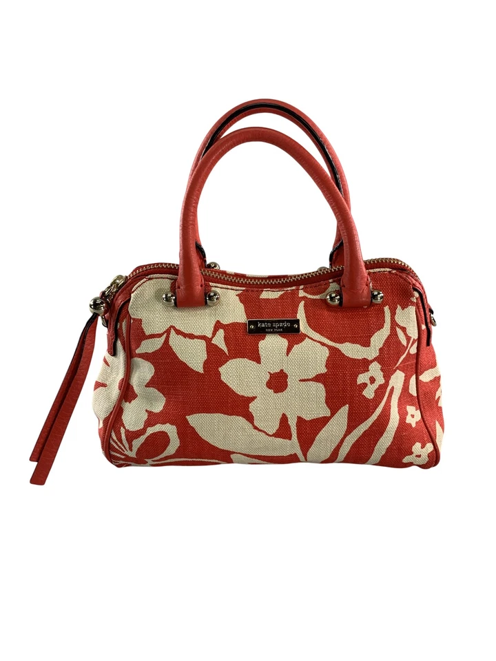 Kate Spade New York Floral Canvas Satchel Purse Womens Red White Leather Trim - Image 1 of 4