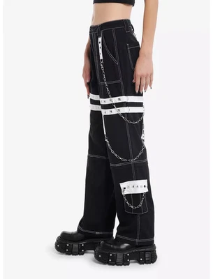 Calça Hot Topic preta e branca com ilhós suspensório corrente skatista punk rock gótica - Imagem 1 de 4