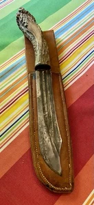 19th Century Trading Post Knife Fixed Blade Hunter With Antler Handle & Sheath - Picture 1 of 8