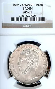 Germany States Baden-Durlach 1866 Taler Coin Thaler NGC MS 61 VZ/F.STG UNC RARE - Picture 1 of 3