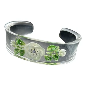 Lucite Bracelet Cuff Clear Etched white Flowers Purple stone Reverse Carved vint - Picture 1 of 5