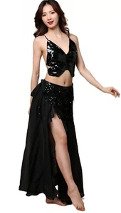 Belly Dance Open Umbilical Top Belt Chiffon Dance Split Dress Halloween Costume - Picture 1 of 19